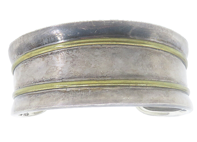 MEXICO 925 Sterling Silver Vintage Two Tone Striped Cuff Bracelet BT3393