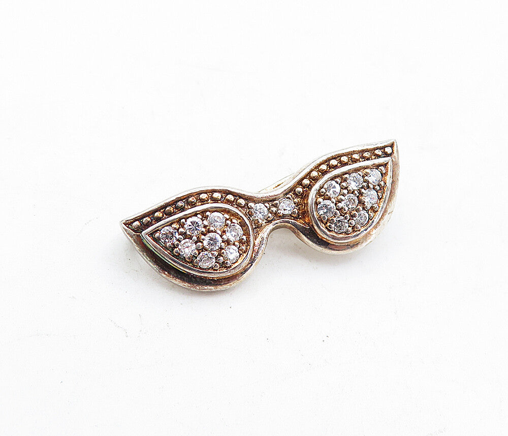 925 Sterling Silver  Vintage Cubic Zirconia Cat Eye Sunglasses Pendant  PT3362