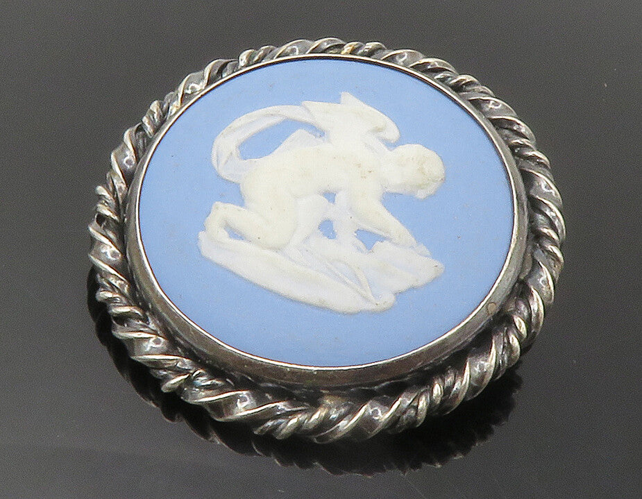 ENGLAND 925 Silver  Vintage Carved Baby Angel Blue Cameo Brooch Pin  BP5456