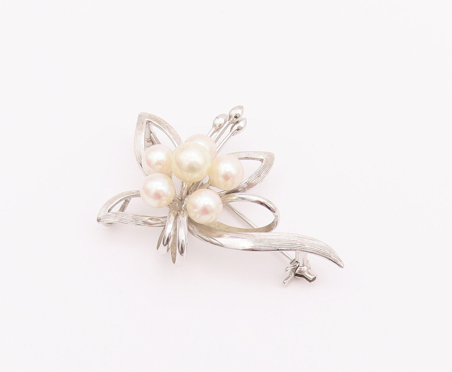 925 Sterling Silver Vintage Brooch Pin Bunch Of Pearls Cutout Flower  BP10779