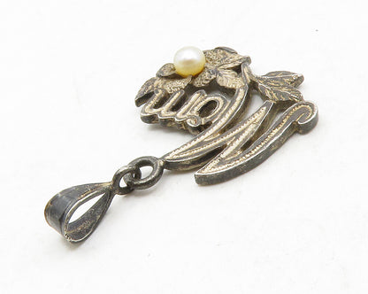 925 Sterling Silver  Vintage Petite Pearl Mom Floral Vine Pendant  PT10538