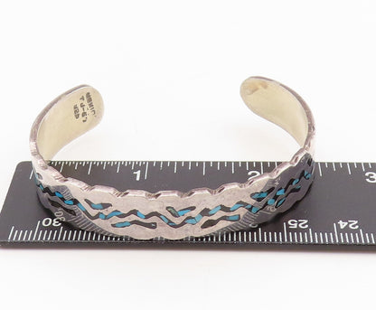 925 Sterling Silver Vintage Bracelet Crushed Turquoise Inlay Zigzag Cuff BT11602