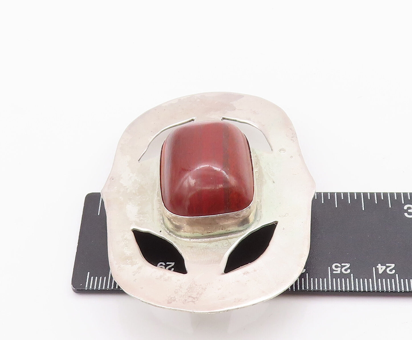925 Sterling Silver Vintage Belt Buckle Carved Red Cabochon Gemstone  TR3765