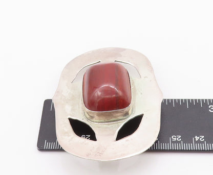 925 Sterling Silver Vintage Belt Buckle Carved Red Cabochon Gemstone  TR3765