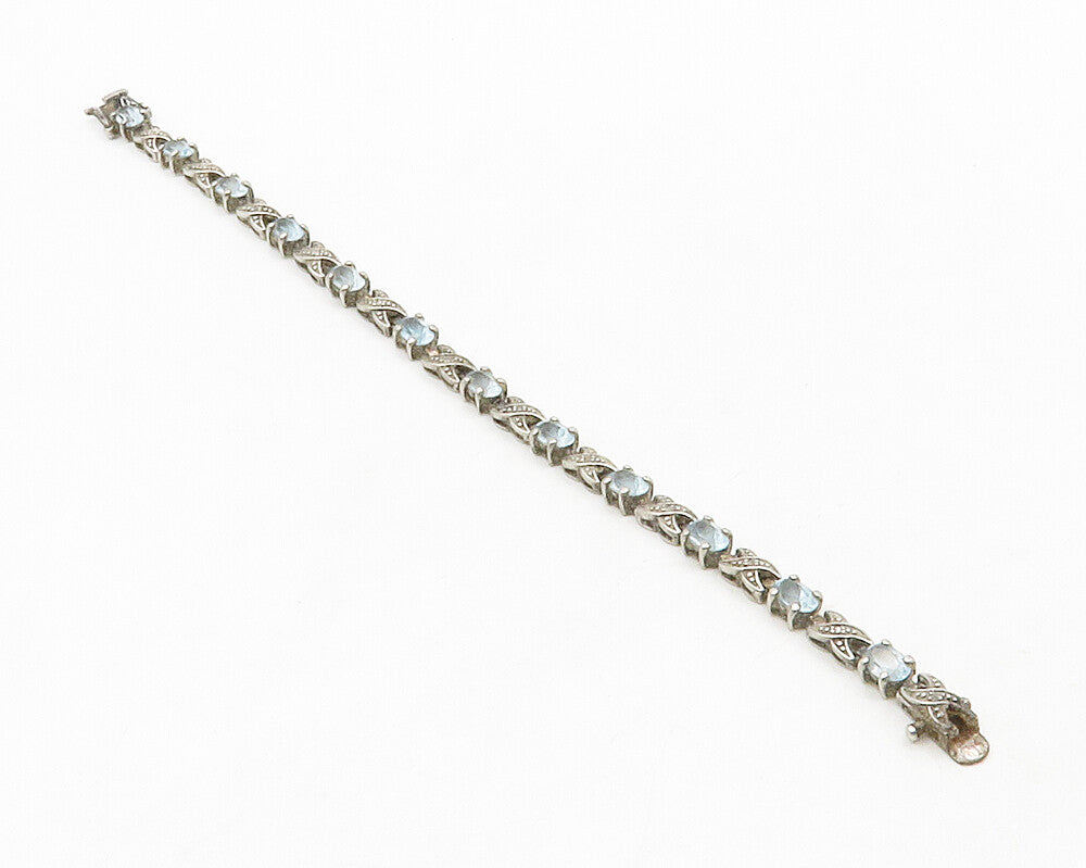 925 Silver   Vintage Genuine Diamonds & Blue Topaz XO Chain Bracelet  BT5121