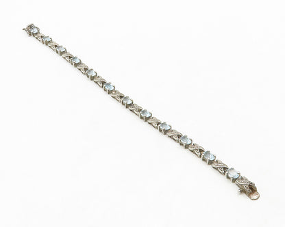 925 Silver   Vintage Genuine Diamonds & Blue Topaz XO Chain Bracelet  BT5121