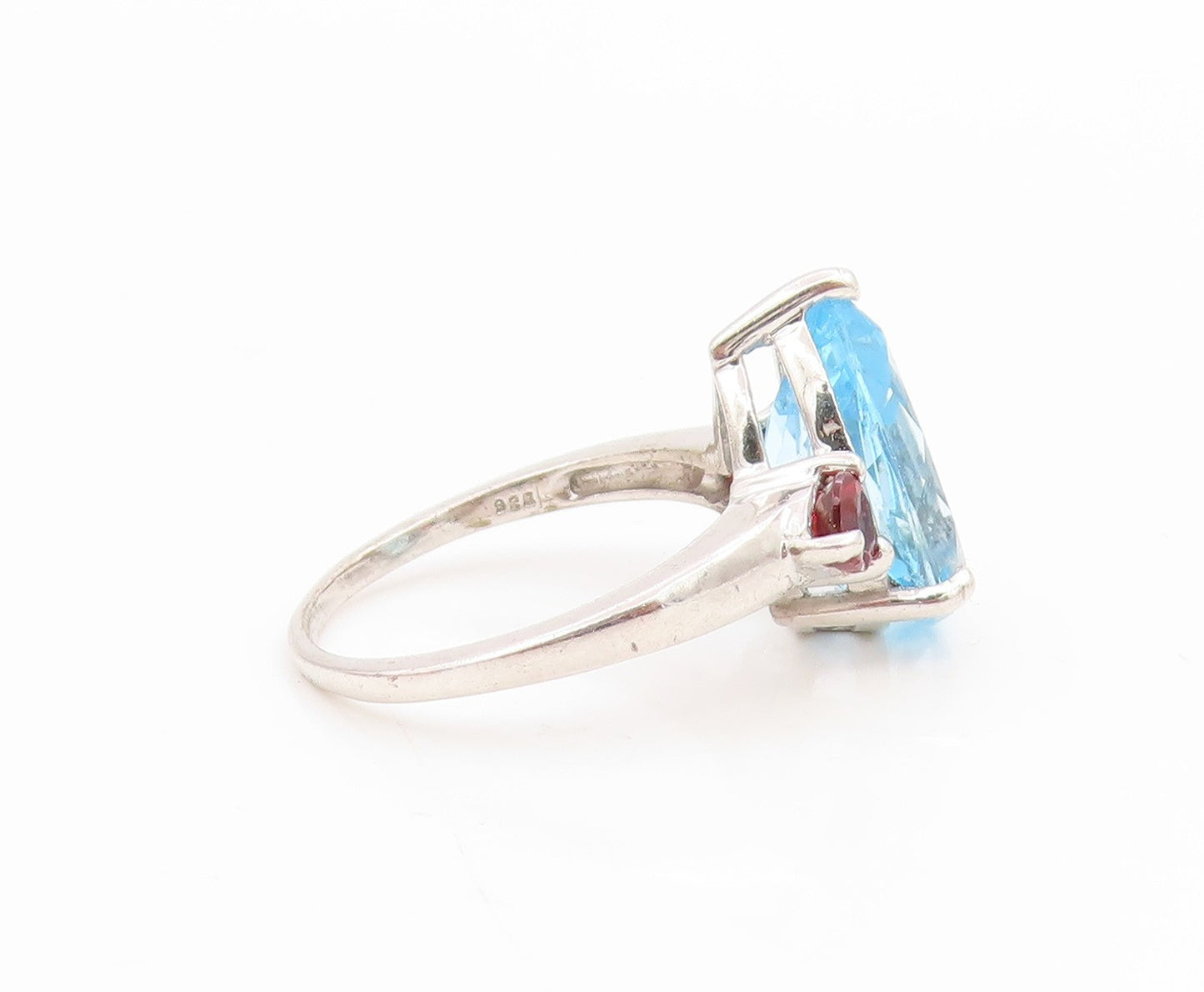 925 Sterling Silver Vintage Ring Pear Cut Blue Topaz & Garnet Band Sz 8 RG36189