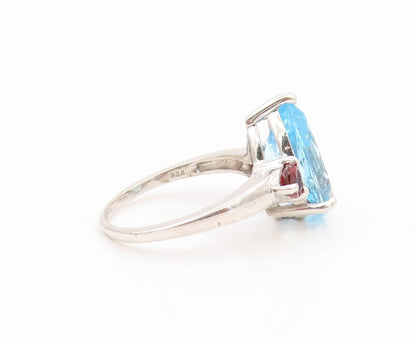 925 Sterling Silver Vintage Ring Pear Cut Blue Topaz & Garnet Band Sz 8 RG36189