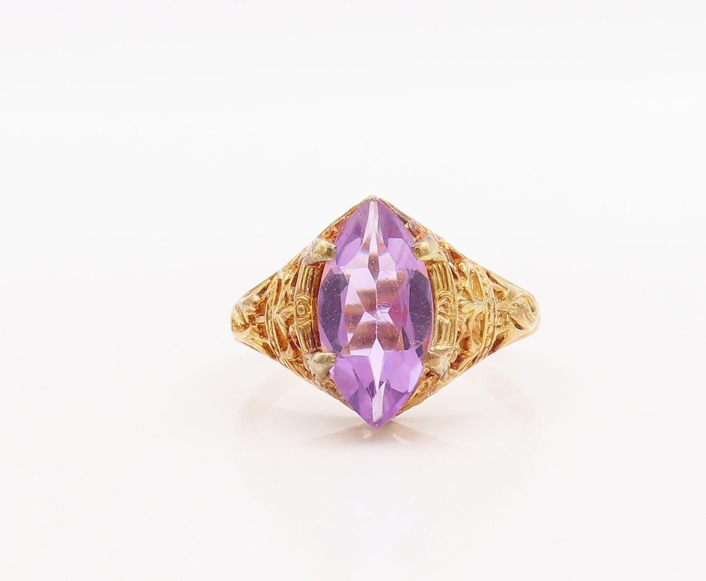 925 Sterling Silver Vintage Ring Gold Plated Amethyst Carved  Sz 8.5  RG29243