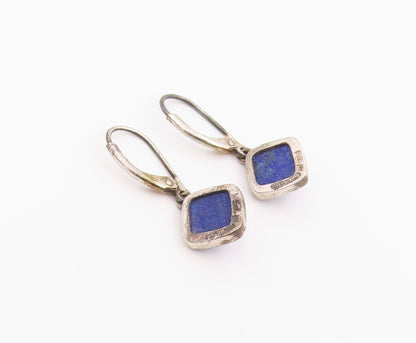 925 Sterling Silver Vintage Earrings Lapis Lazuli Geometric Leverback  EG14453