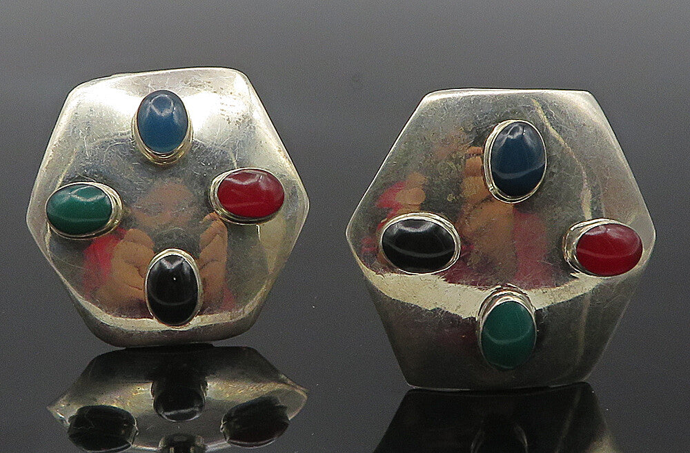 MEXICO 925 Silver  Vintage Onyx & Carnelian Non Pierce Drop Earrings  EG5943