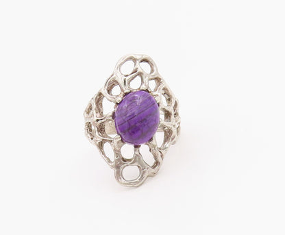 925 Sterling Silver Vintage Ring Brutalist Cutout Cabochon Amethyst Sz 6 RG33221