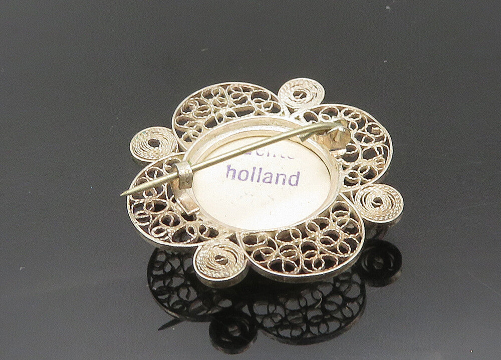 HOLLAND 925 Sterling Silver  Vintage Enamel Windmill Scene Brooch Pin  BP8013
