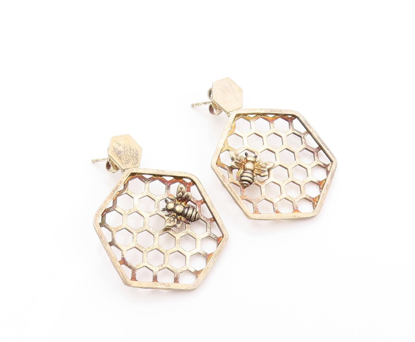 925 Sterling Silver Vintage Earrings Gold Plated Designer Honeycomb  EG13329