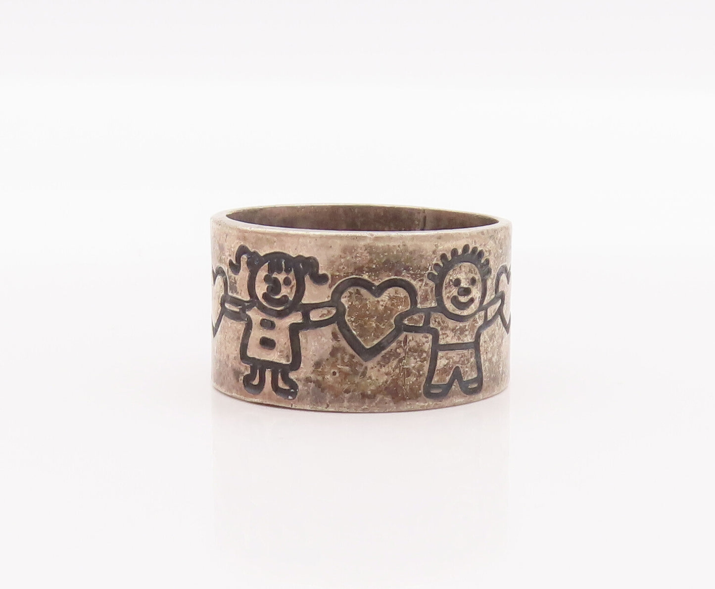 925 Sterling Silver Vintage Ring MEXICO Children Holding Hearts  Sz 8  RG28166