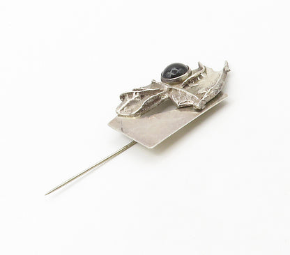 925 Sterling Silver  Vintage Black Onyx Modernist Sculpted Lapel Pin   TR2291