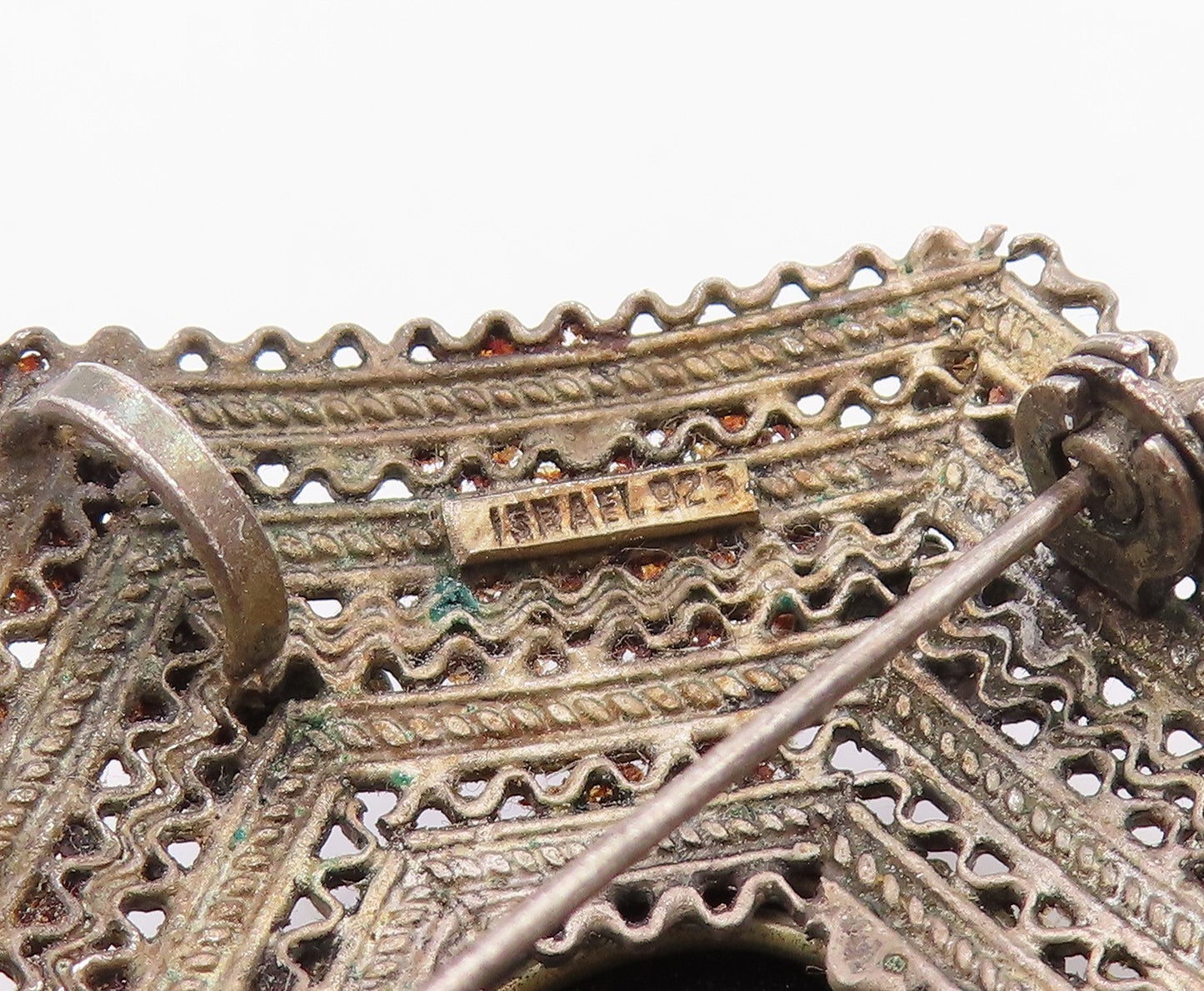 925 Sterling Silver Vintage Brooch Pin ISRAEL Onyx Geometric Filigree  BP12569