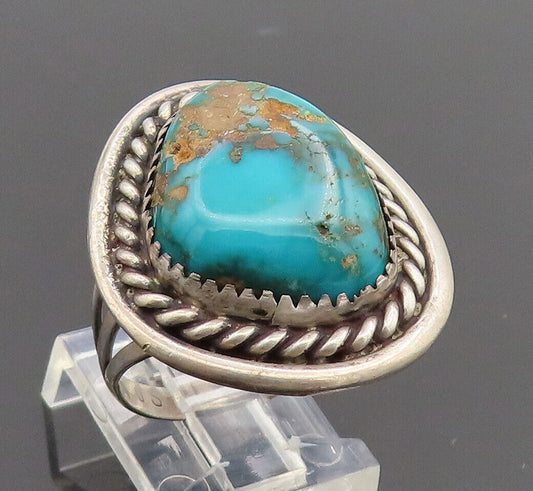 ZUNI NAVAJO 925 Silver  Vintage Turquoise Halo Carved Rope Ring Sz 10  RG27000