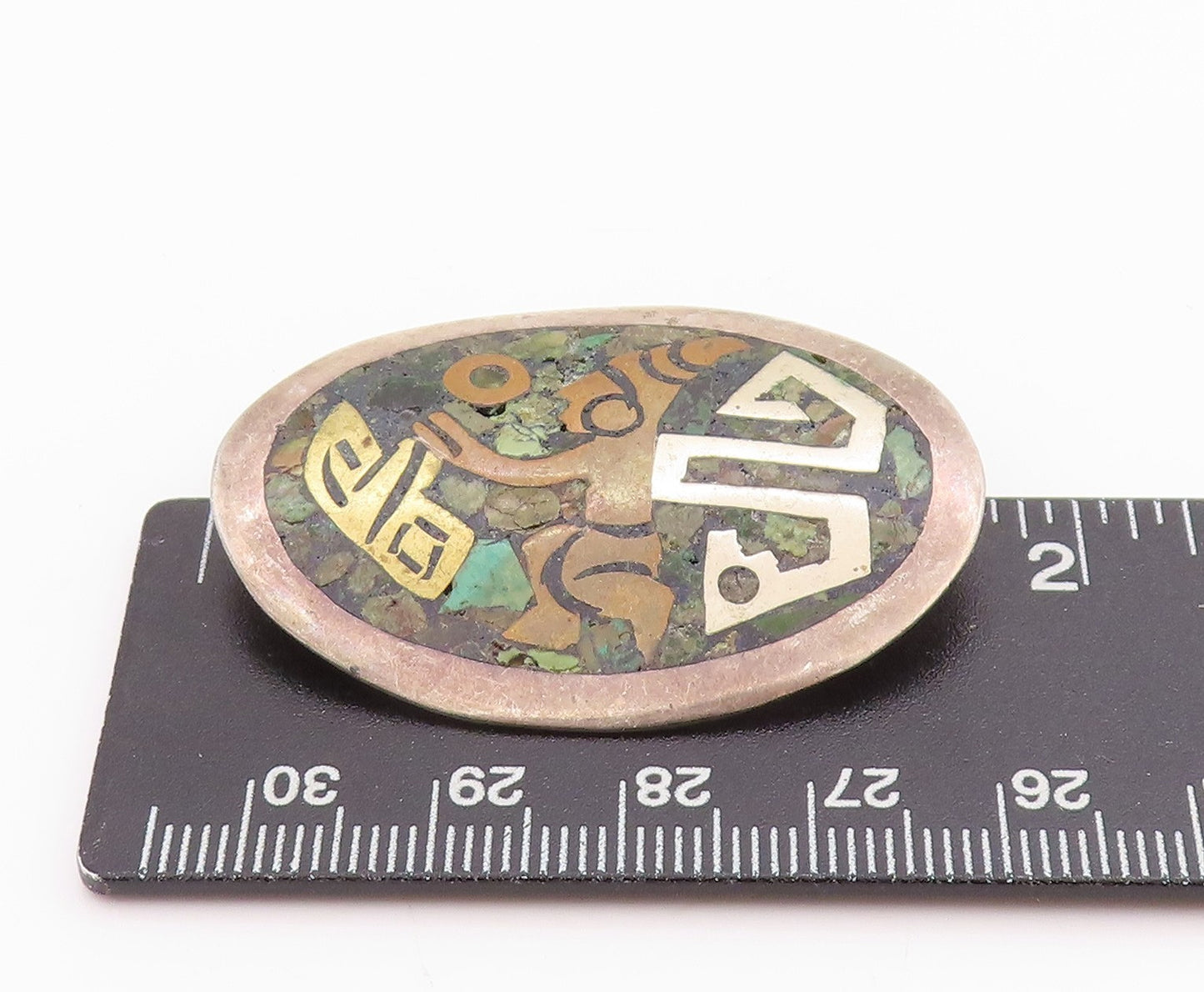 925 Sterling Silver Vintage Brooch Crushed Turquoise Inlay Dancing Man   BP11724