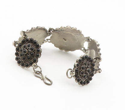 925 Sterling Silver  Vintage Black Onyx Floral Motif Chain Bracelet  BT5985