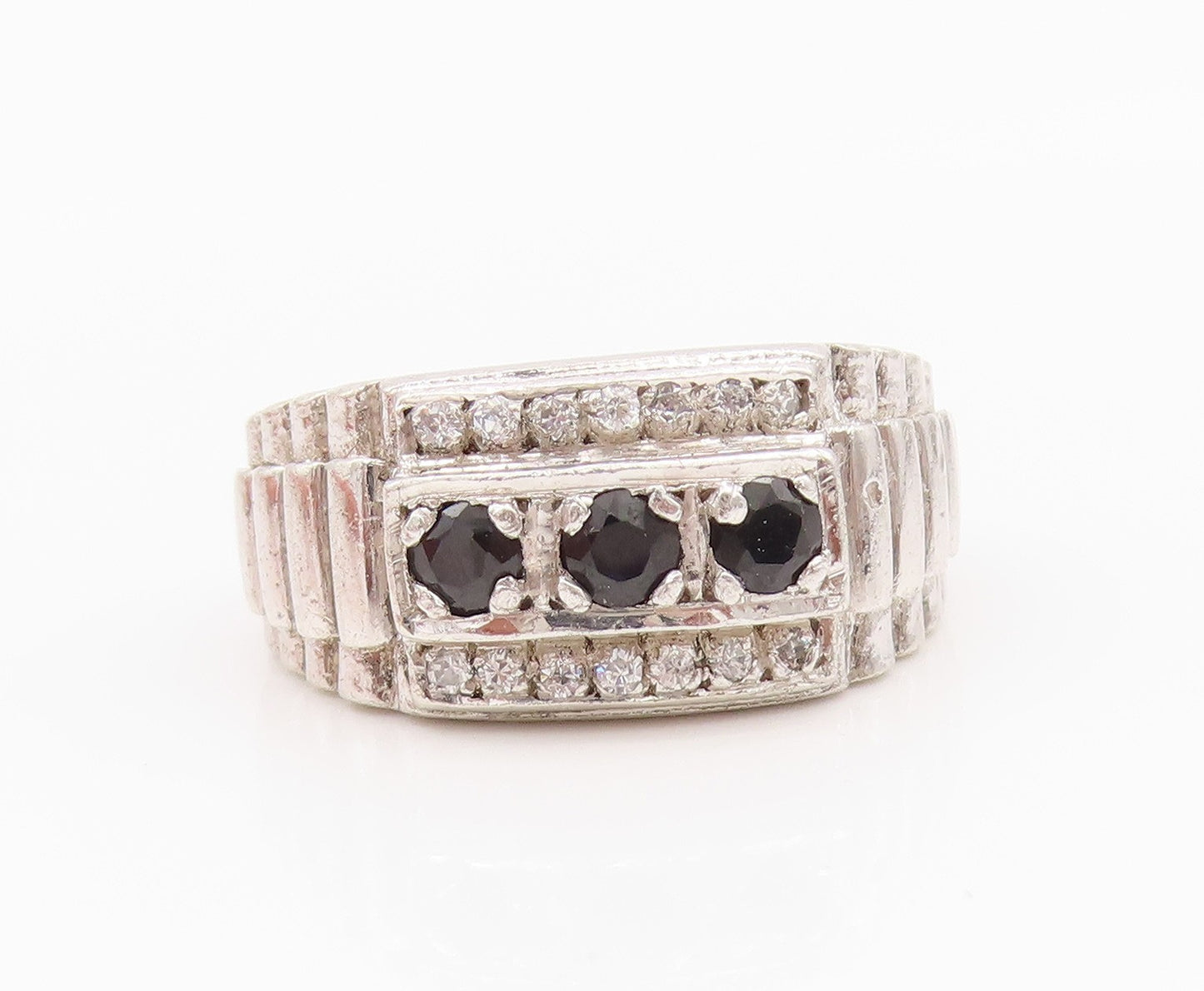 925 Sterling Silver Vintage Ring CZ Spinel Inlay Step Cut Design Sz 9.5  RG33045
