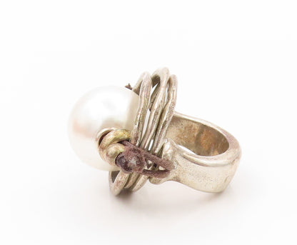 925 Sterling Silver Vintage Ring UNO DE 50 Large Cutout Pearl  Sz 7.5  RG31463