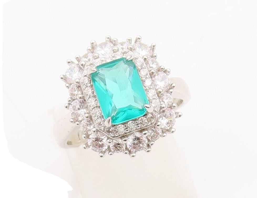925 Sterling Silver Vintage Ring Rectangle Cut Two Tone CZ  Sz 7  RG29591