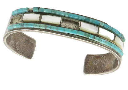 ZUNI 925 Silver  Vintage Mother Of Pearl & Turquoise Cuff Bracelet  BT5731