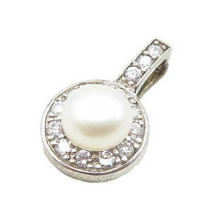 925 Sterling Silver  Vintage Petite Pearl & Cubic Zirconia Pendant  PT14749