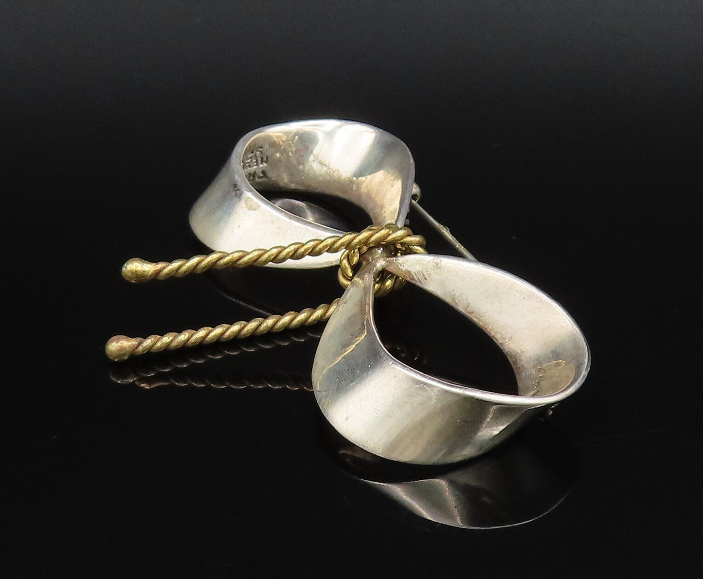 MEXICO 925 Sterling Silver Vintage Two Tone Ribbon Bow Tie Brooch Pin BP10040