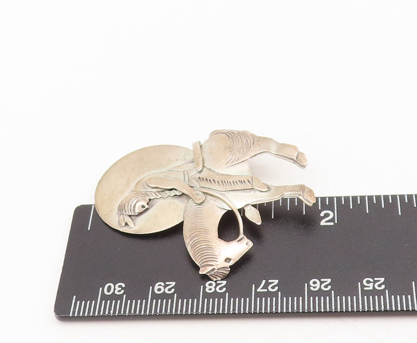 925 Sterling Silver Vintage Brooch Pin NAVAJO Etched Sad Man On Horse  BP10589