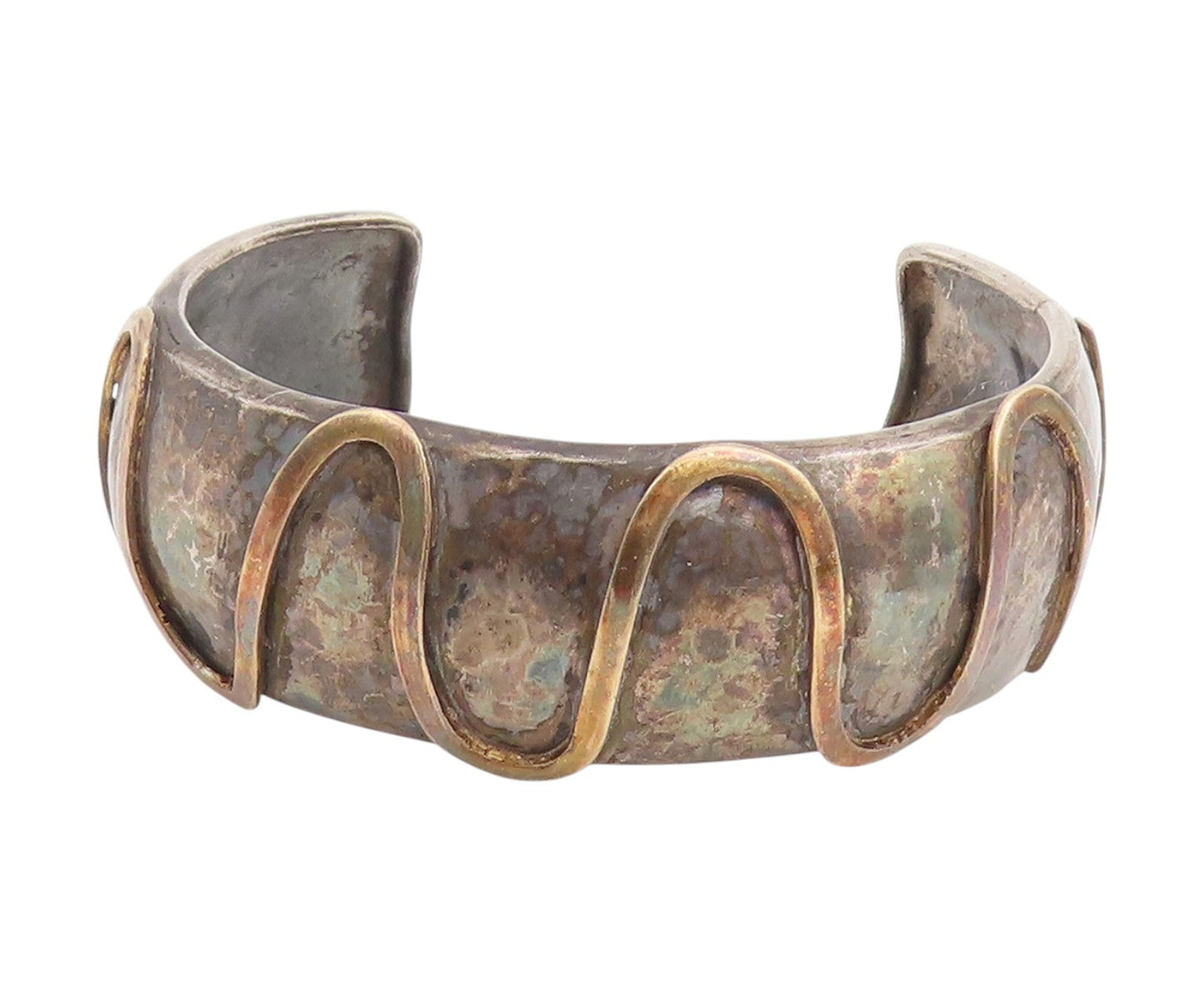 925 Sterling Silver Vintage Bracelet Two Tone Bold Hammered Wavy Cuff  BT11818