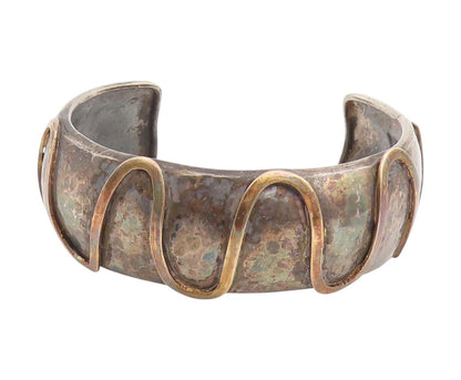 925 Sterling Silver Vintage Bracelet Two Tone Bold Hammered Wavy Cuff  BT11818