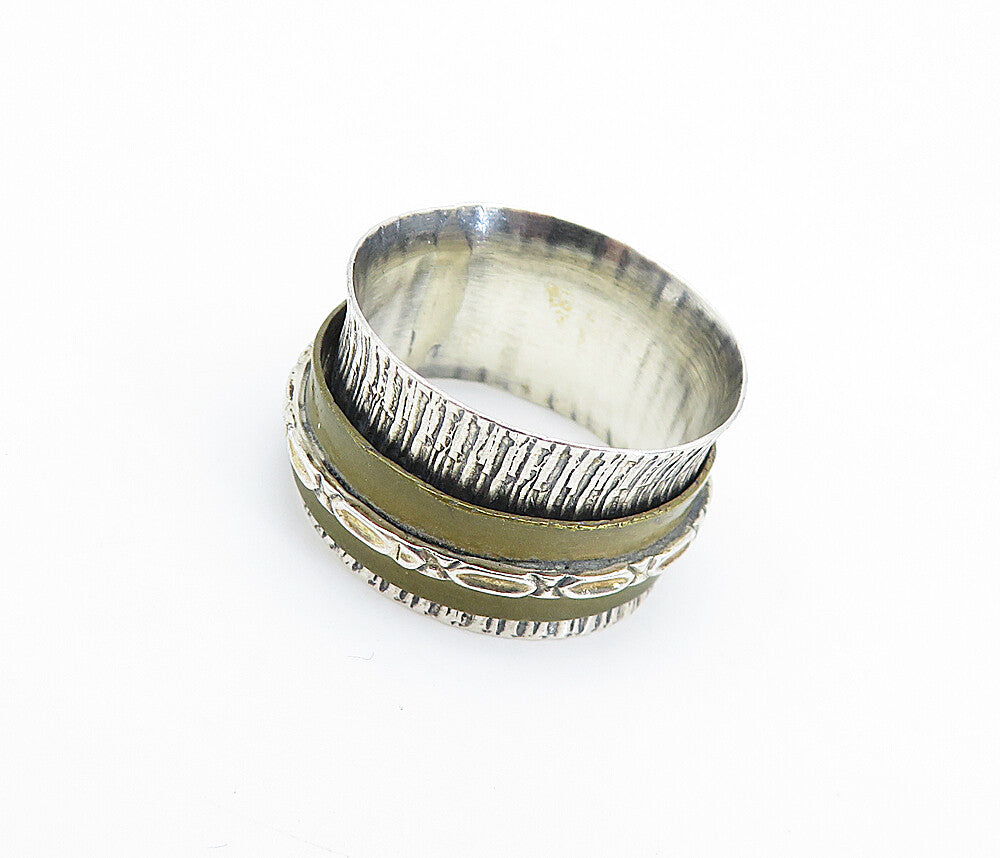 925 Sterling Silver  Vintage Two Tone Etched Band Spinner Ring Sz 9.5  RG6429