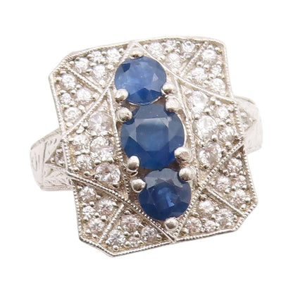 925 Sterling Silver Vintage Ring Round Sapphire & Topaz Inlay  Sz 6  RG33130