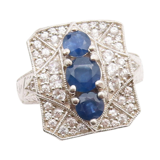 925 Sterling Silver Vintage Ring Round Sapphire & Topaz Inlay  Sz 6  RG33130