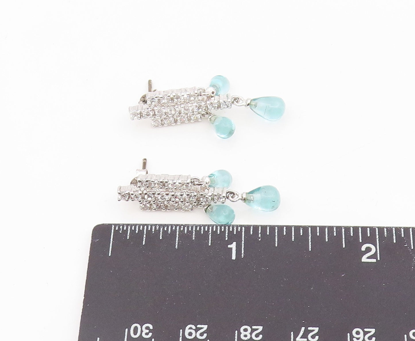925 Sterling Silver Vintage Earrings Aquamarine & CZ Pave Classic Drop  EG14164