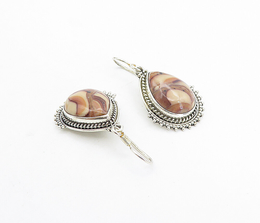 925 Sterling Silver  Vintage Cabochon Cut Agate Tear Drop Earrings  EG3696