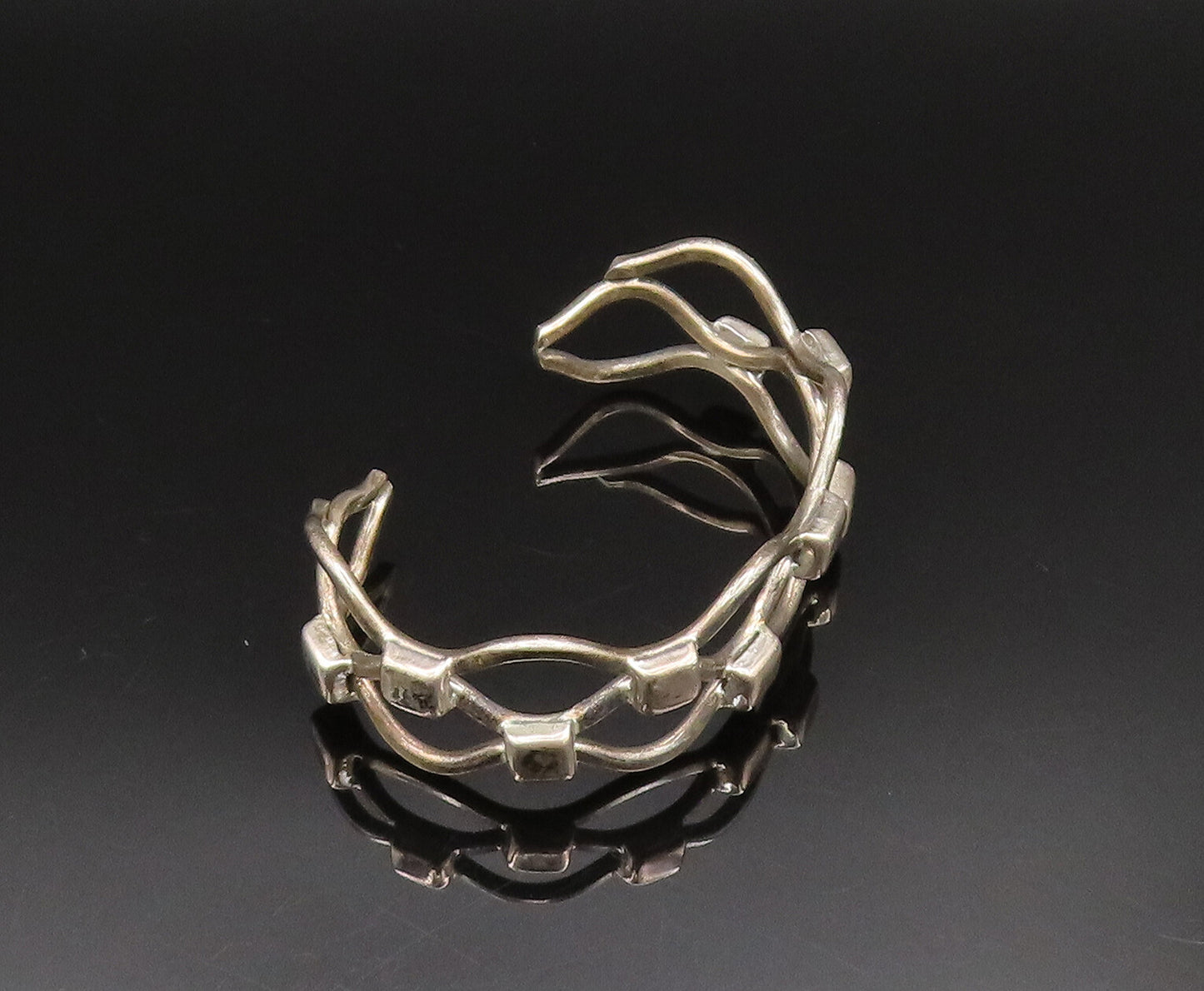 MEXICO 925 Silver  Vintage Wavy Open Square Pattern Cuff Bracelet  BT9579