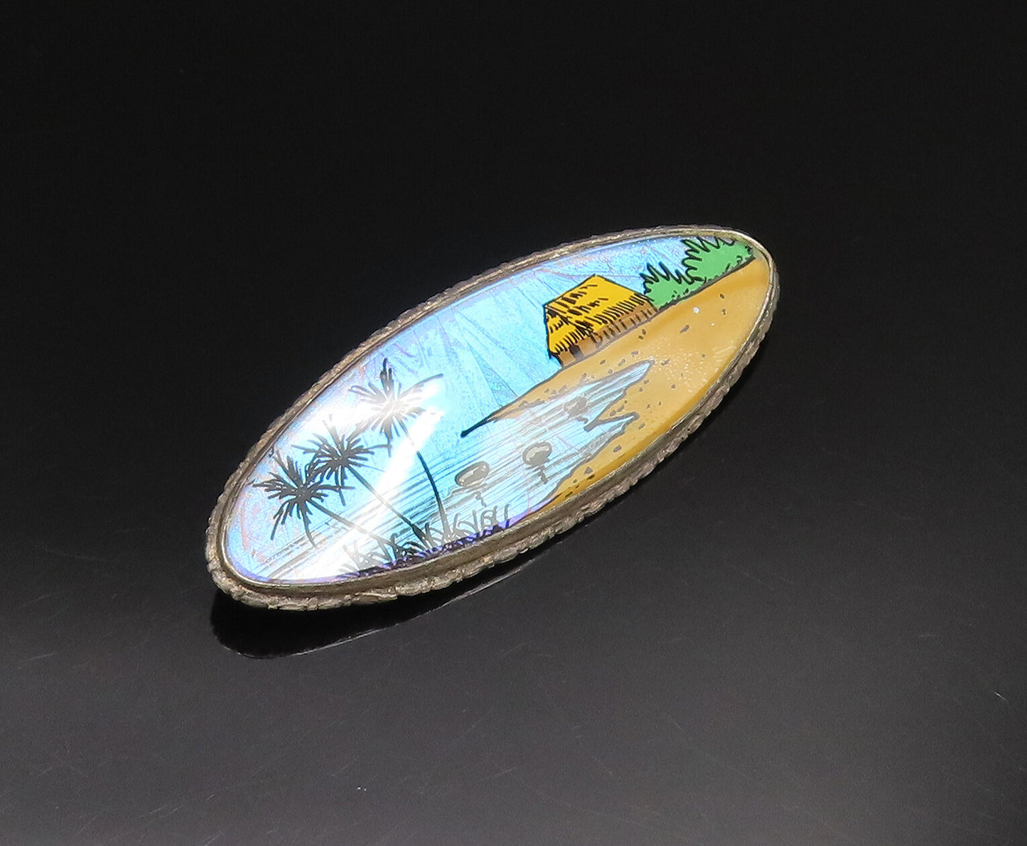 BRAZIL 925 Sterling Silver  Vintage Beach Scenery Art Glass Brooch Pin  BP9804
