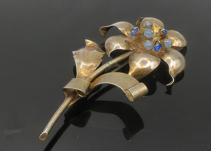925 Sterling Silver  Vintage Blue Topaz Sculpted Flower Brooch Pin  BP4656