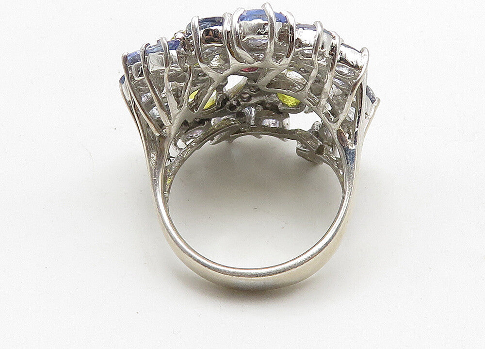 925 Sterling Silver Multi Color Topaz Floral Cocktail Ring Sz 9 RG10521