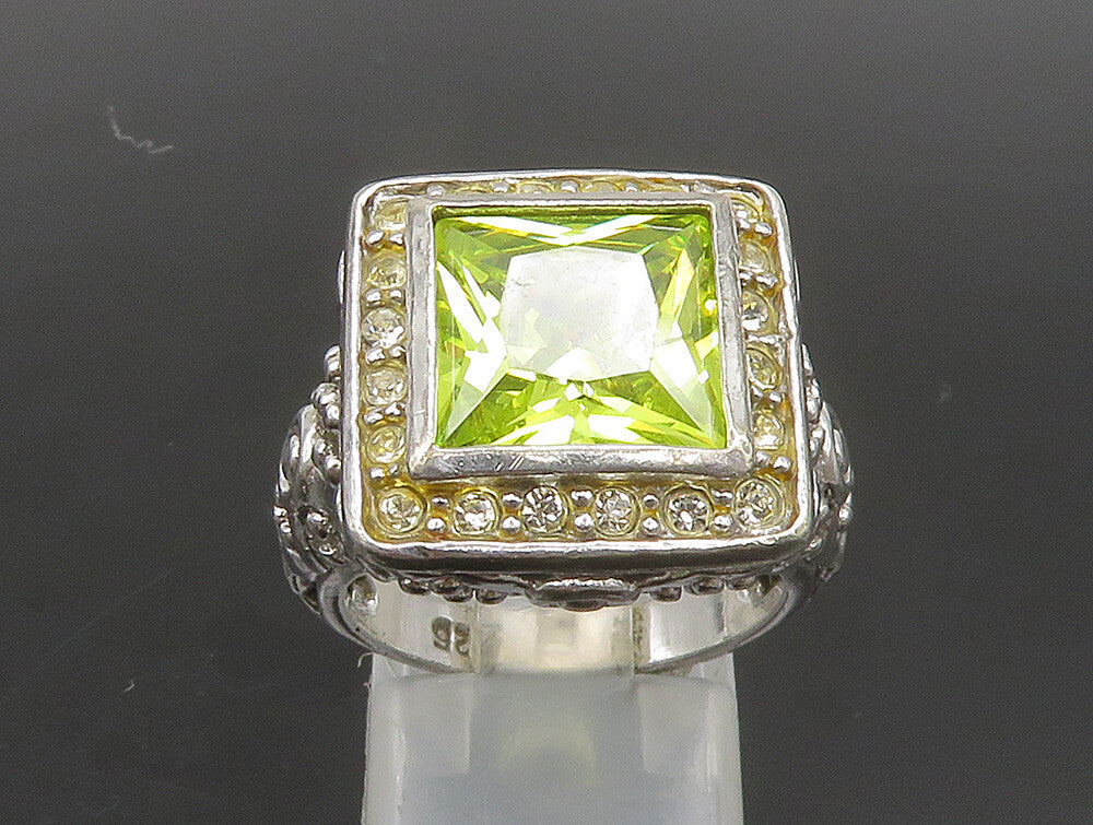 925 Silver  Vintage Green Cubic Zirconia Beaded Square Ring Sz 7  RG24386