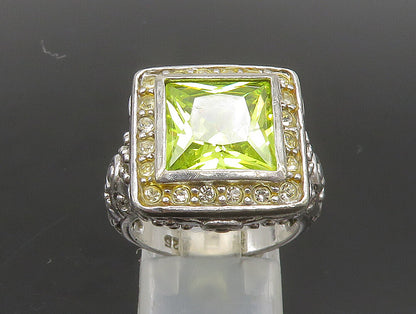 925 Silver  Vintage Green Cubic Zirconia Beaded Square Ring Sz 7  RG24386