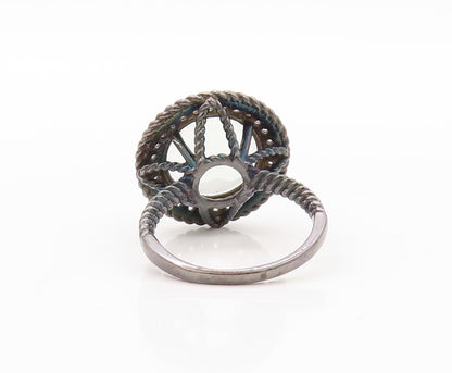 925 Sterling Silver Vintage Ring Twisted Rope Green Amethyst & CZ Sz 7.5 RG30754