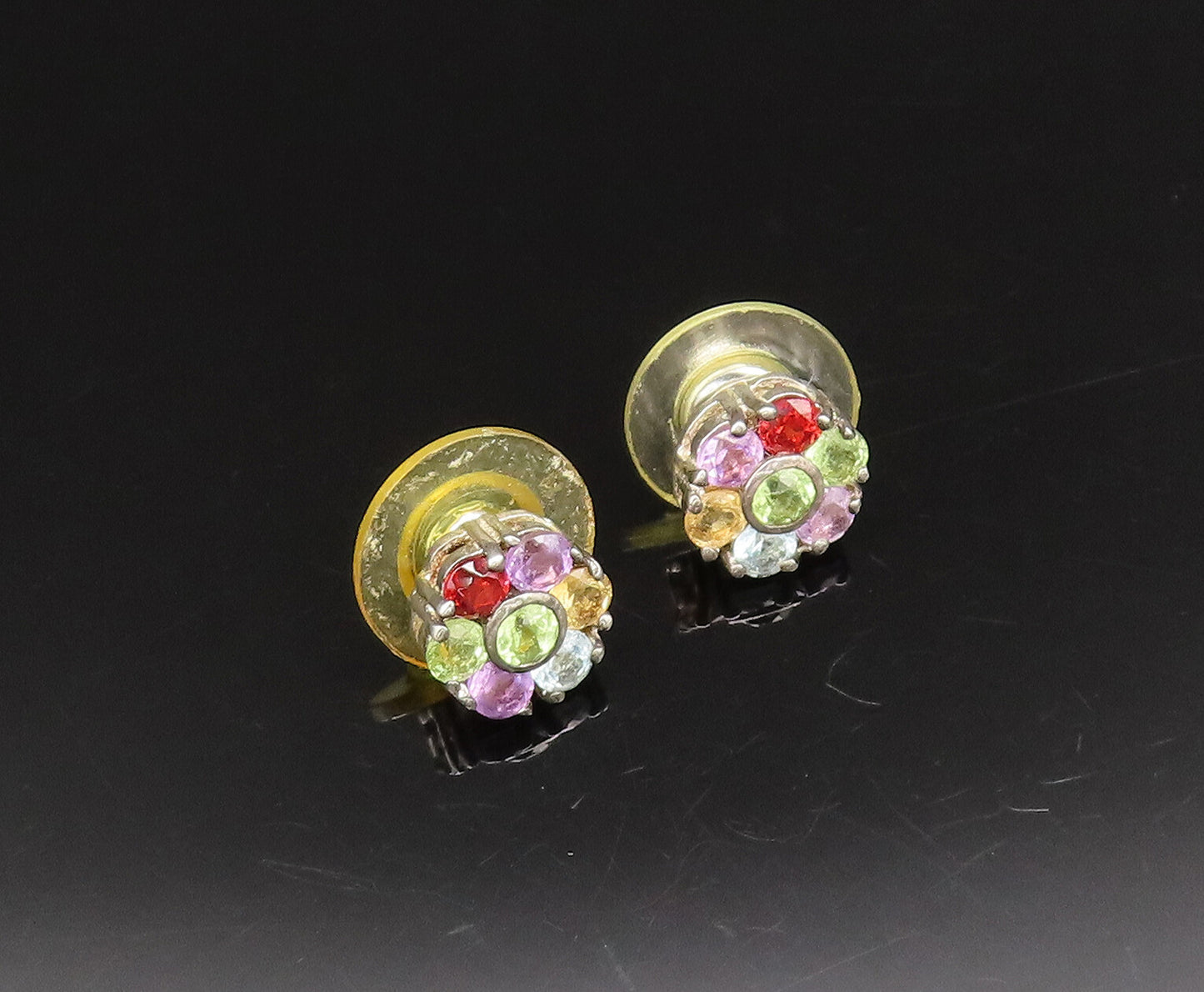 925 Silver  Vintage Peridot & Multi Gemstones Flower Stud Earrings  EG12117
