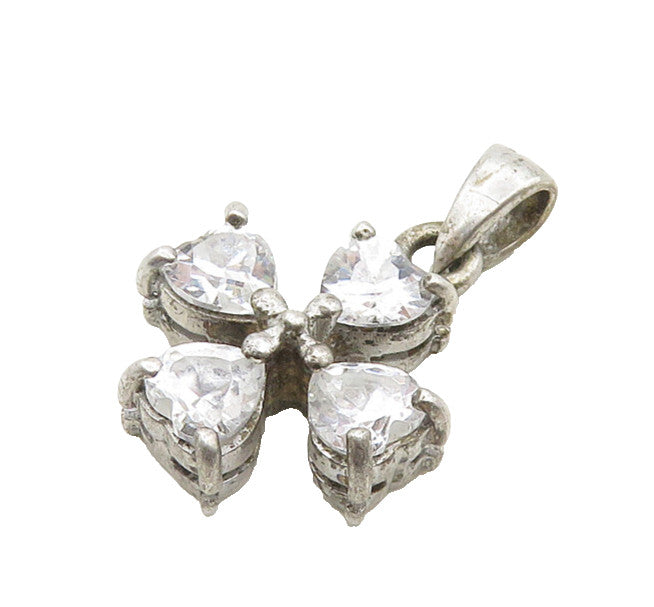 925 Sterling Silver  Vintage Shiny Cubic Zirconia Floral Pendant  PT15259