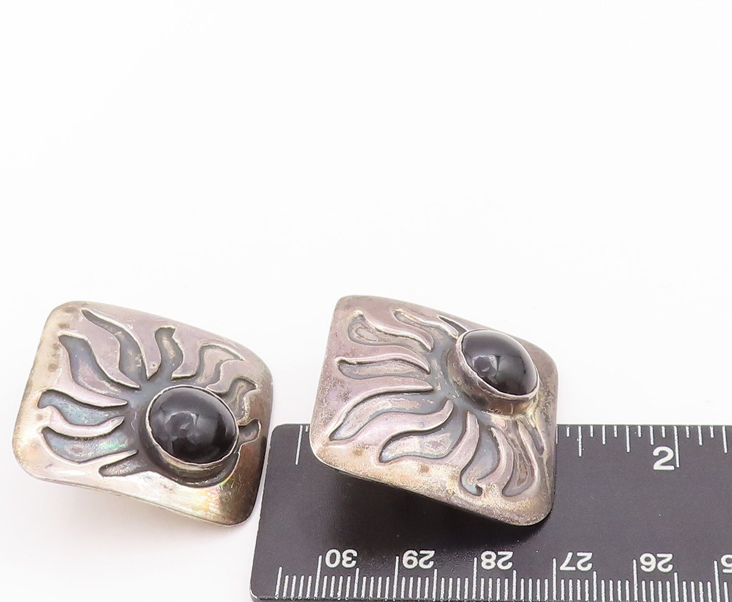 925 Sterling Silver Vintage Earrings Square Carved Onyx Sun Design  EG13100