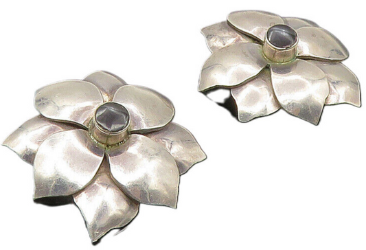 MEXICO 925 Silver  Vintage Black Onyx Flower Motif Non Pierce Earrings  EG5335