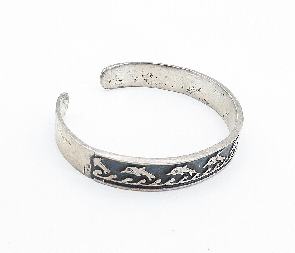 MEXICO 925 Sterling Silver  Vintage Oxidized Dolphin Cuff Bracelet  BT2514